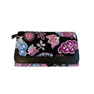Vera Bradley Floral Wallet Black Purple Blue Quilted Snap Flap
